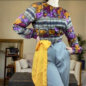 Vintage Retro 90's Poet Blouse 12 Floral Strip Bow